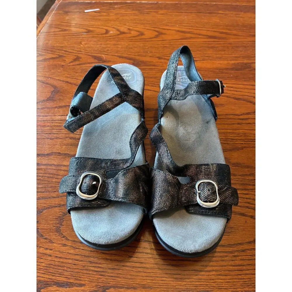 Dansko Sophie Sandals Women's 39 Bronze Black Snake Metallic Wedge Size 9